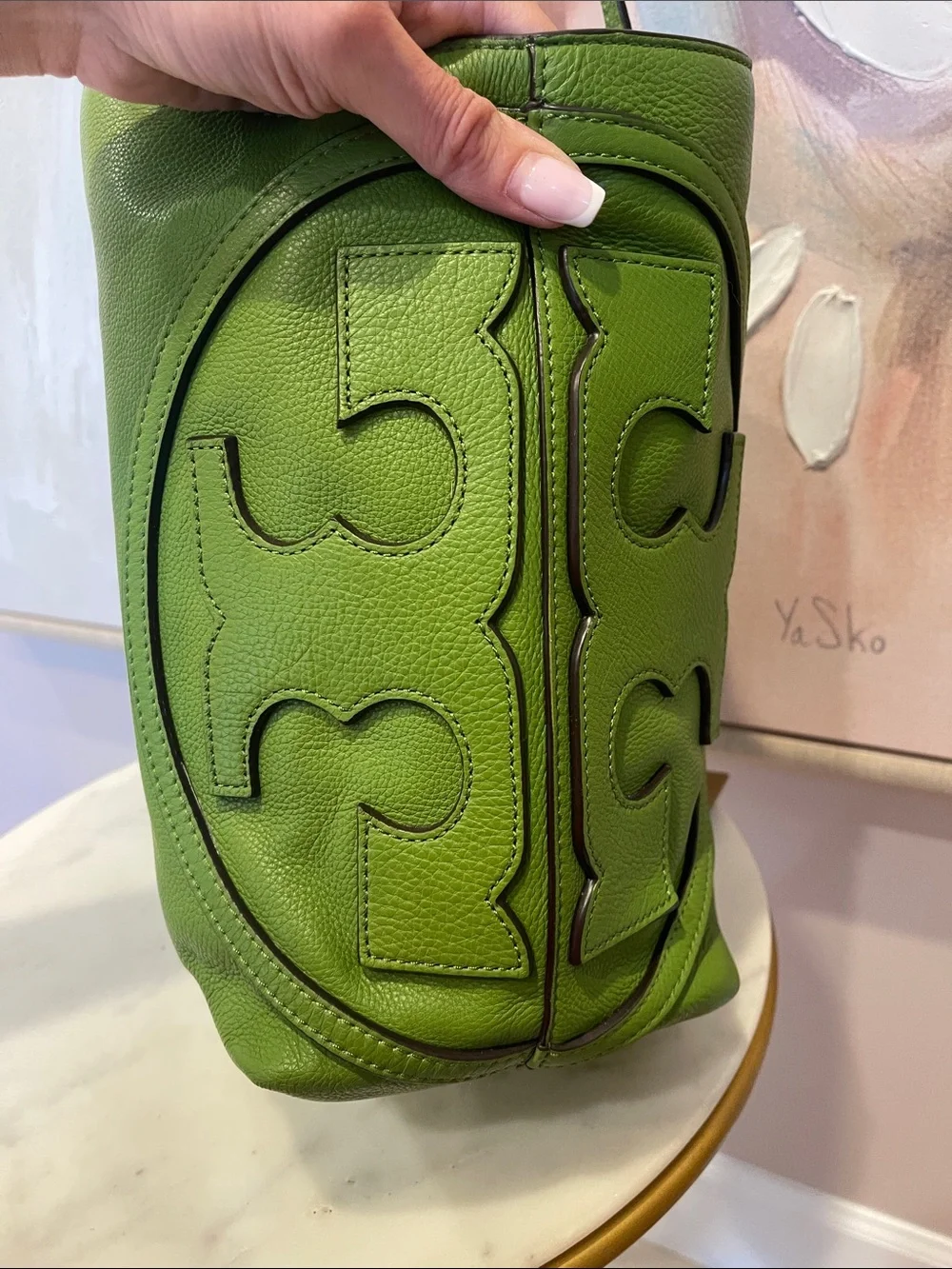 Tory Burch Green Leather Tote with Logo Accent